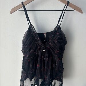 Free People Black Floral Sheer Top